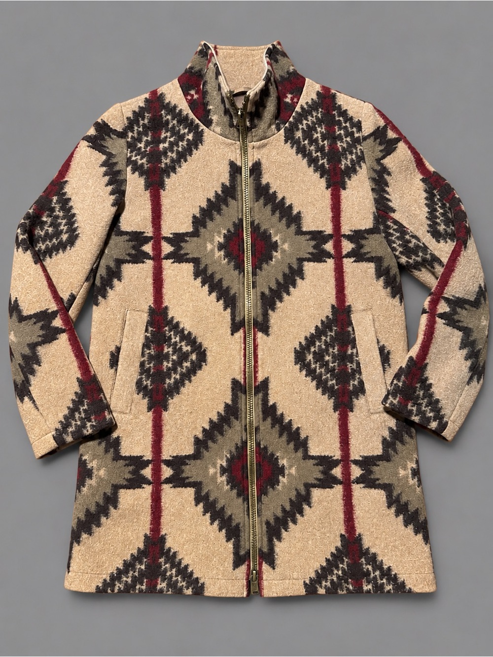 Pendleton Women’s XS Southwestern Geometric Long Zip Coat Jacket Tan Wool Blend